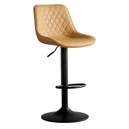 Beige quilted bar stool with black base on a white background