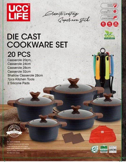 Die Cast Cookware Set 20pc | PFOA Free | Granite Non-Stick | U-SC020