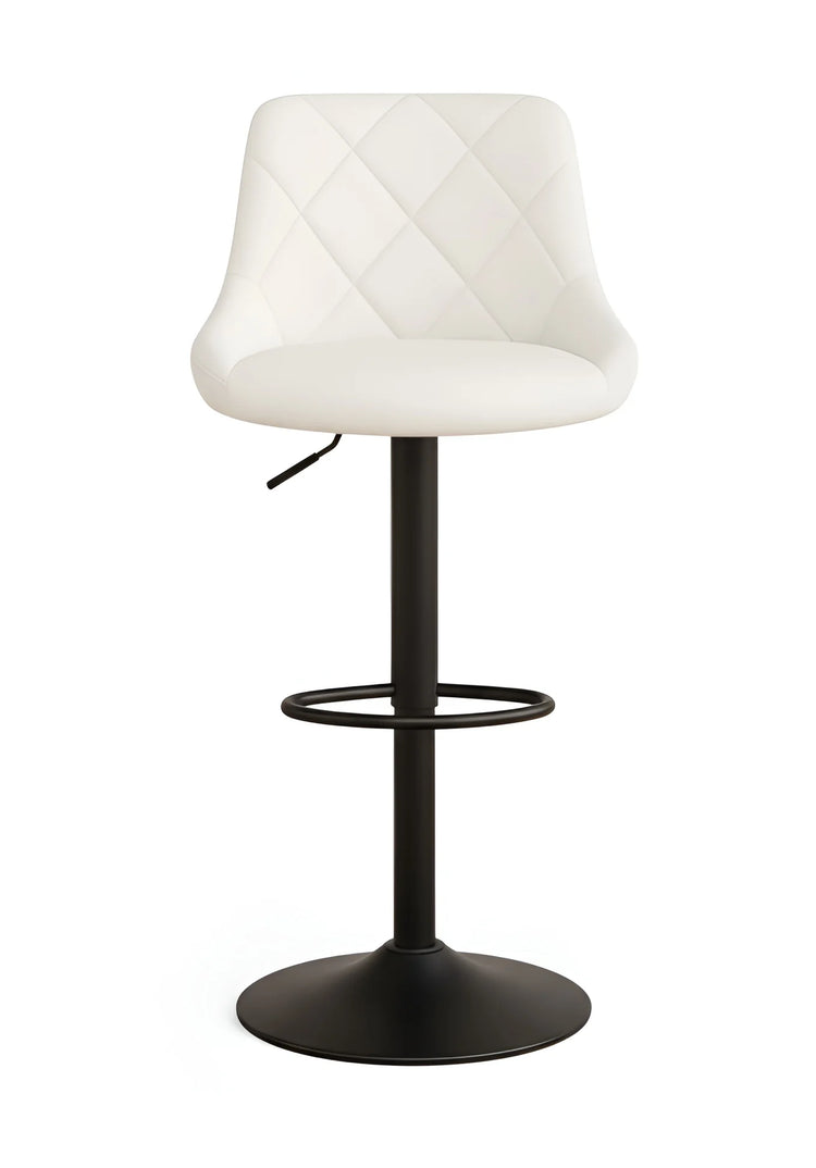 White quilted bar stool with black base on a white background