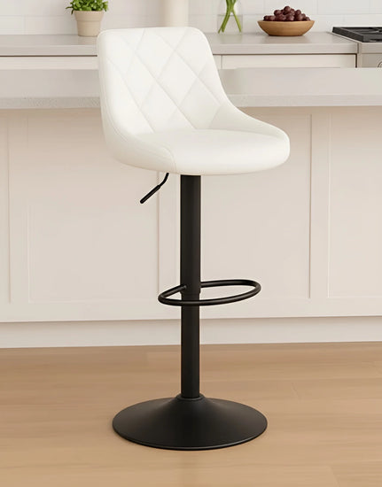 White bar stool with black base in a kitchen setting
