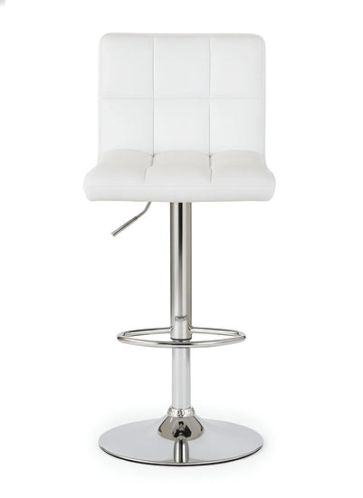 White bar stool with a chrome base on a white background