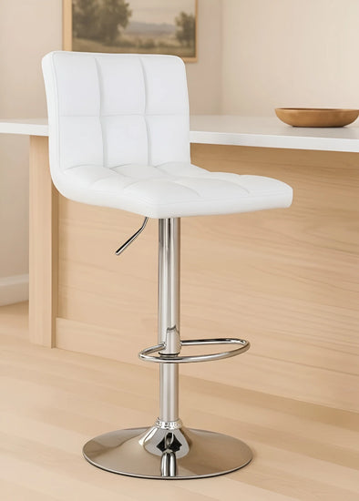 White bar stool with a chrome base in a room setting.