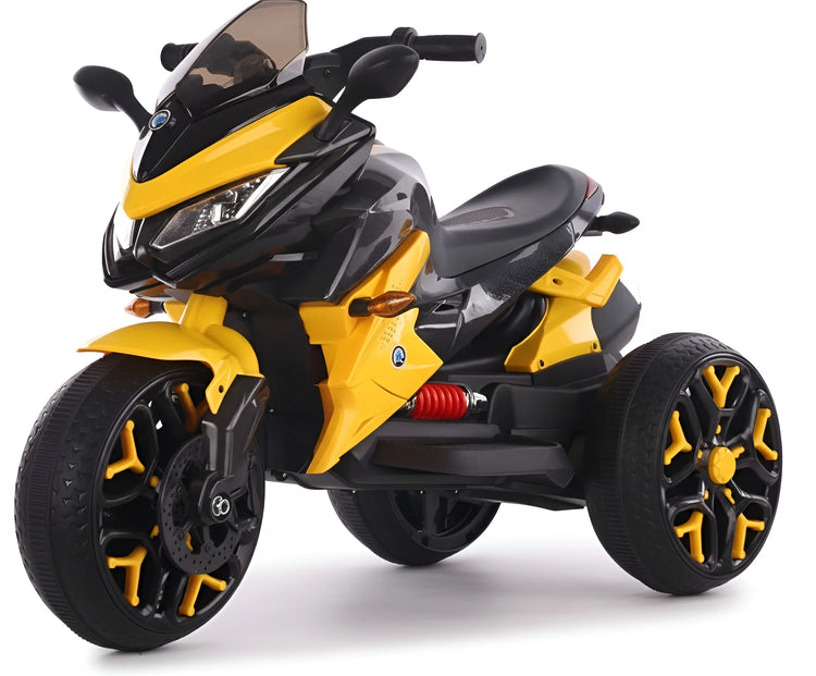 Yellow Kids' 12V Sport Bike Trike (5188 8008) with a power display and a max load capacity of 25kg.