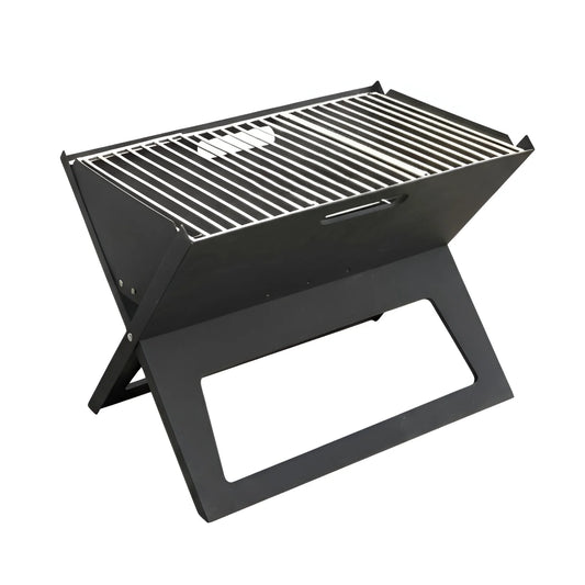 Frontal view of a black portable charcoal BBQ grill with a foldable stand and grilling grate 48-31
