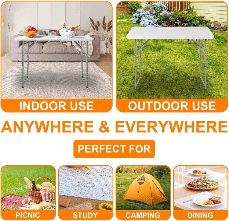 4ft 1.2m Plastic Folding Table, Indoor Outdoor Portable Handle Picnic folding table