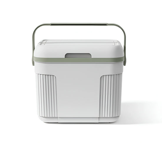 White 10-liter cooler bin with an open lid, showing a removable blue ice pack and a green interior 144-4