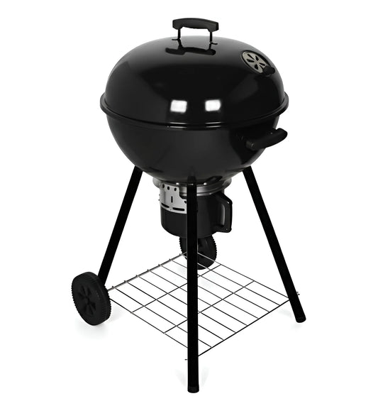 Black 19-inch BBQ charcoal grill with the lid off, showing the cooking grate and bottom rack 2020