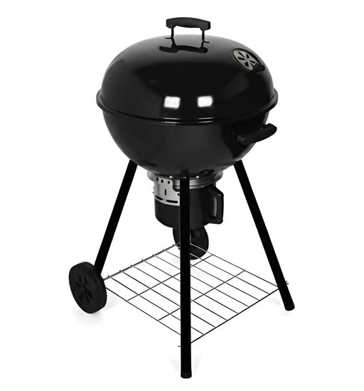 Black 19-inch BBQ charcoal grill with the lid off, showing the cooking grate and bottom rack 2020
