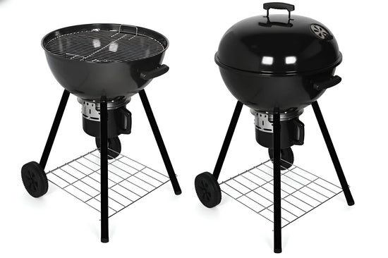 Black 19-inch BBQ charcoal grill with the lid off, showing the cooking grate and bottom rack 2020