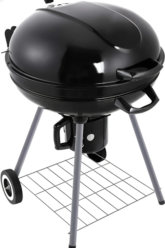 Black 22-inch charcoal BBQ kettle grill on a wheeled stand with a lid and handles 2020