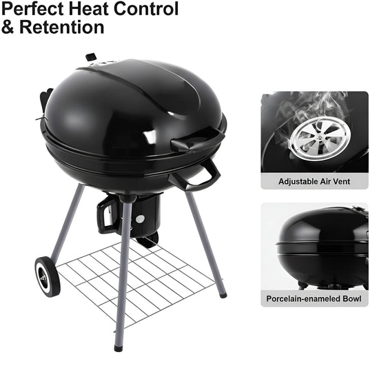 Close-up of a black enamel BBQ kettle grill showing the adjustable air vent and heat control features 2020