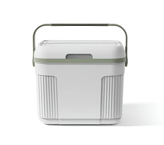 White 22-liter cooler bin with an open lid, showing a removable blue ice pack and a green interior 144-4