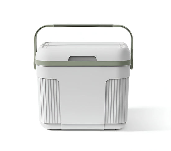 White 22-liter cooler bin with an open lid, showing a removable blue ice pack and a green interior 144-4