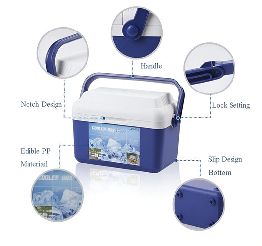Blue 22-liter GiNT cooler box with a white lid, handle, and a non-slip bottom AS.