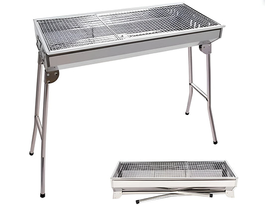 Stainless steel charcoal BBQ grill with folding legs, shown in both upright and folded positions 2051