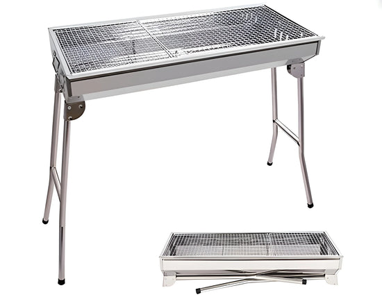 Stainless steel charcoal BBQ grill with folding legs, shown in both upright and folded positions 2051