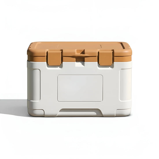 Frontal view of a durable 50L camping cooler in white and brown with a sturdy handle and latches 144-5