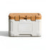 Frontal view of a durable 50L camping cooler in white and brown with a sturdy handle and latches 144-5