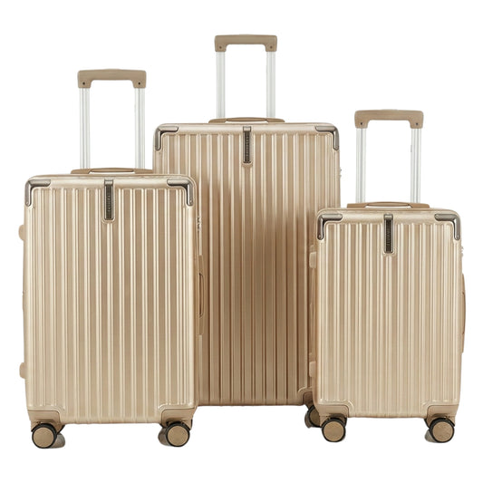 Set of three beige gold suitcases with striped pattern on a white background