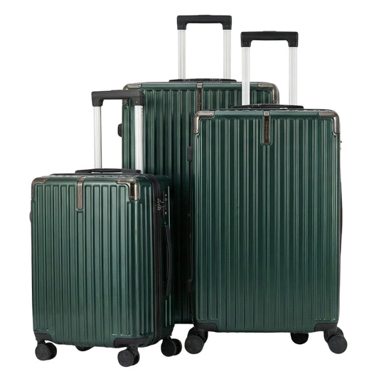 Set of green suitcases with black handles and wheels on a white background