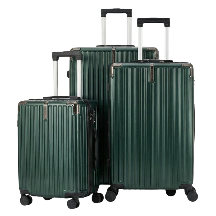 Set of green suitcases with black handles and wheels on a white background