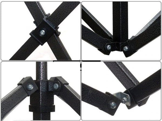 Collapsible metal stand with crossbars and screws on a white background