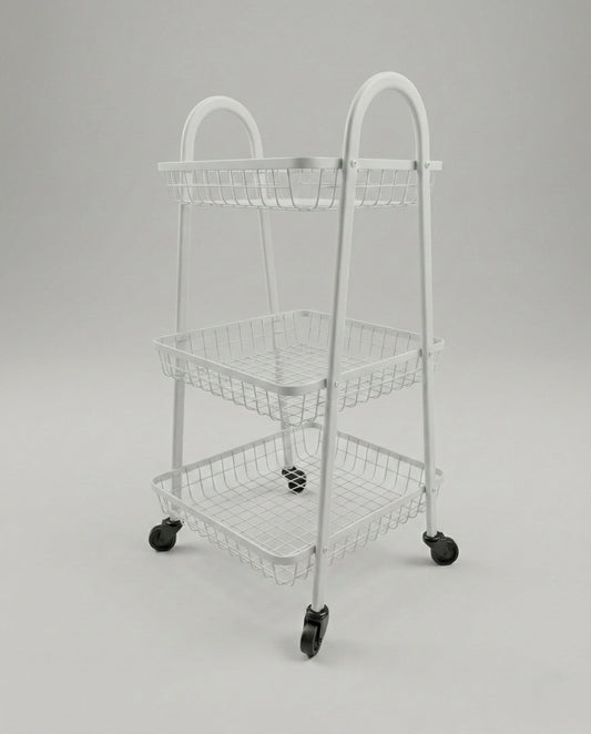 3-tier metal rolling utility cart with mesh baskets, arched handles, and caster wheels, shown in black and white options for home organization.