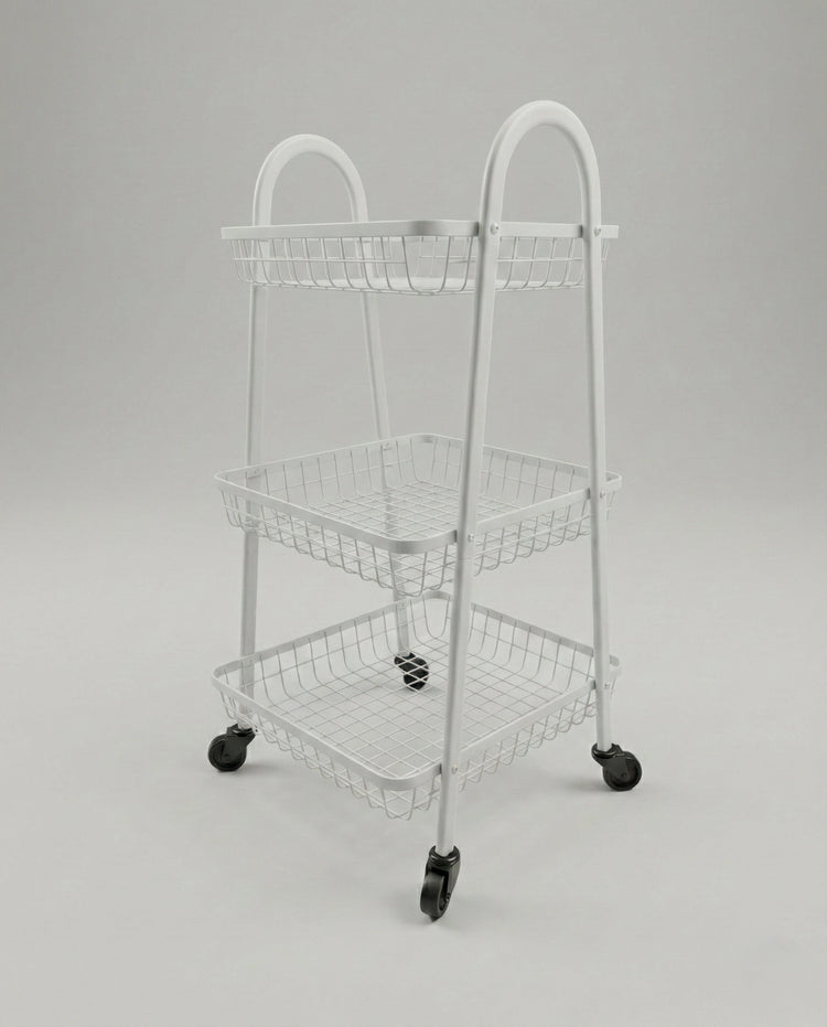 3-tier metal rolling utility cart with mesh baskets, arched handles, and caster wheels, shown in black and white options for home organization.