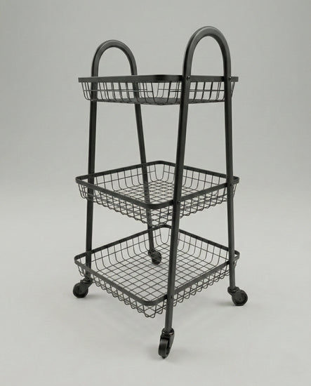 3-tier metal rolling utility cart with mesh baskets, arched handles, and caster wheels, shown in black and white options for home organization.