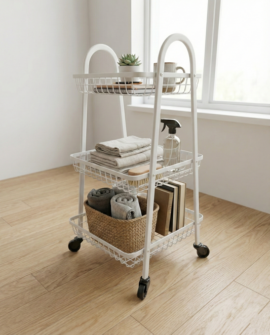 3-tier metal rolling utility cart with mesh baskets, arched handles, and caster wheels, shown in black and white options for home organization.