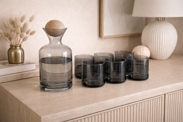 Black Glass Bucket & Cups 8pc 7039