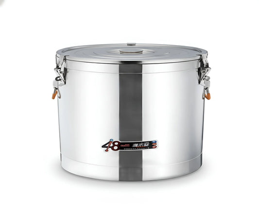 Frontal view of an 80-liter stainless steel cooler bin with a secure lid and carry handles YS19022