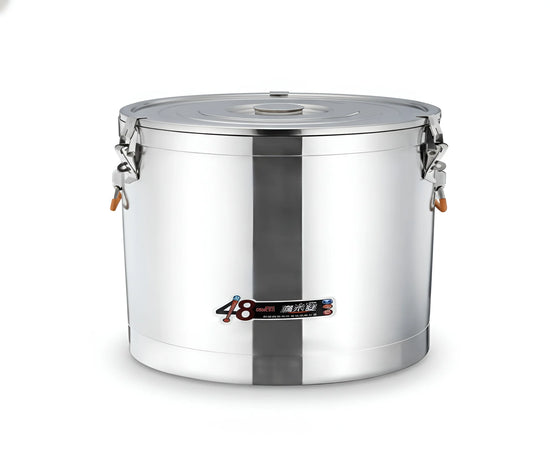 Frontal view of an 80-liter stainless steel cooler bin with a secure lid and carry handles YS19022