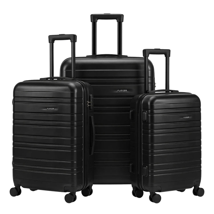 FLIEGER 8844 3pc hard shell suitcase set in black, navy, champagne, and grey featuring 360 degree mobility and lightweight spinner design.