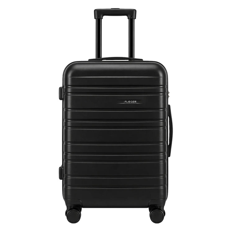 FLIEGER 8844 3pc hard shell suitcase set in black, navy, champagne, and grey featuring 360 degree mobility and lightweight spinner design.