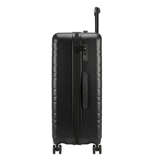 FLIEGER 8844 3pc hard shell suitcase set in black, navy, champagne, and grey featuring 360 degree mobility and lightweight spinner design.