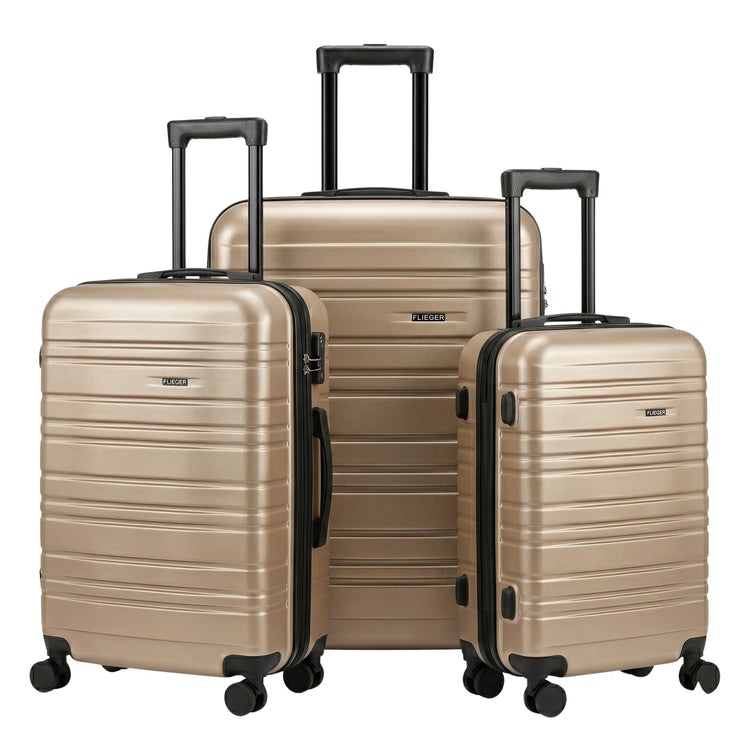 FLIEGER 8844 3pc hard shell suitcase set in black, navy, champagne, and grey featuring 360 degree mobility and lightweight spinner design.