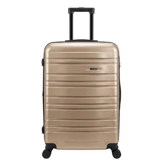 FLIEGER 8844 3pc hard shell suitcase set in black, navy, champagne, and grey featuring 360 degree mobility and lightweight spinner design.