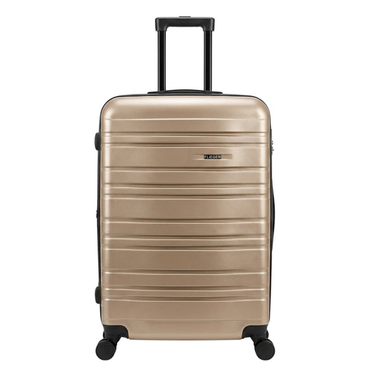 FLIEGER 8844 3pc hard shell suitcase set in black, navy, champagne, and grey featuring 360 degree mobility and lightweight spinner design.