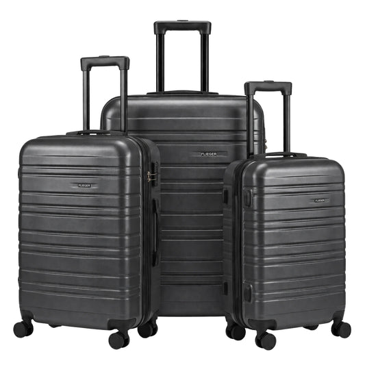 FLIEGER 8844 3pc hard shell suitcase set in black, navy, champagne, and grey featuring 360 degree mobility and lightweight spinner design.