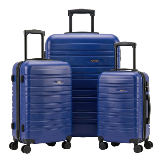 FLIEGER 8844 3pc hard shell suitcase set in black, navy, champagne, and grey featuring 360 degree mobility and lightweight spinner design.