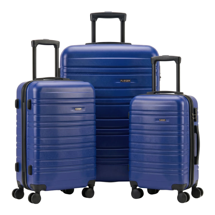 FLIEGER 8844 3pc hard shell suitcase set in black, navy, champagne, and grey featuring 360 degree mobility and lightweight spinner design.