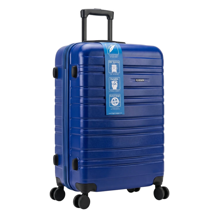 FLIEGER 8844 3pc hard shell suitcase set in black, navy, champagne, and grey featuring 360 degree mobility and lightweight spinner design.
