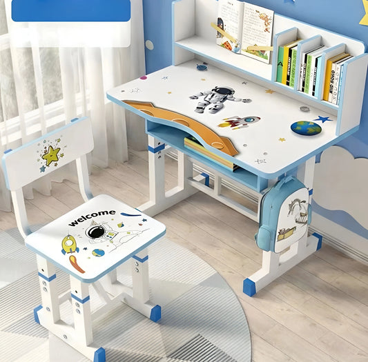 Blue and white adjustable height kids study workstation featuring a bookshelf hutch, storage drawer, and backpack hook.