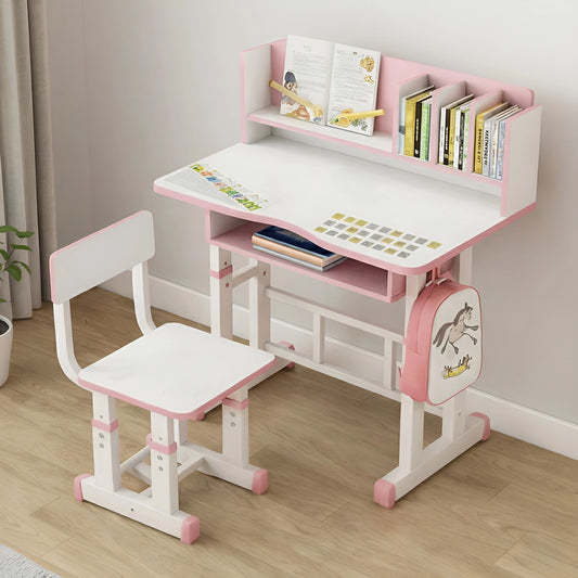 Pink and white adjustable height kids study desk and chair set featuring a bookshelf hutch, under-desk storage, and a side hook for bags.