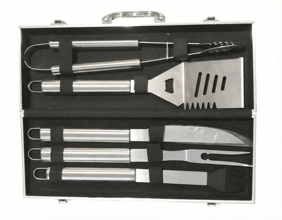 Open silver aluminum hard case displaying a 5-piece stainless steel BBQ tool set including spatula with bottle opener tongs knife fork and brush.