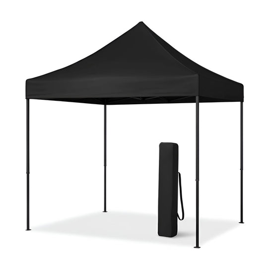black pop-up gazebo canopy tent with a rolled-up carrying bag on a white background