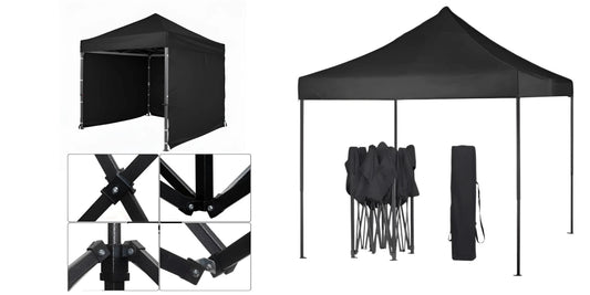 Black 2m x 2m Instant Canopy with 3 side walls and a durable carry bag. Steel Gazebo.