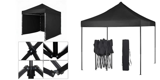 Black 2m x 2m Instant Canopy with 3 side walls and a durable carry bag. Steel Gazebo.