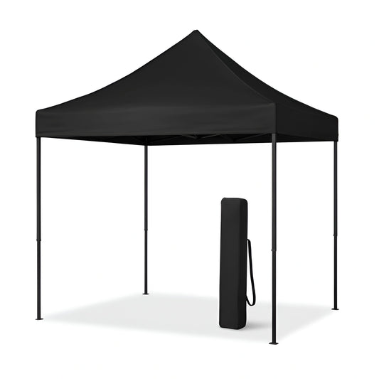 Front view of a portable 2x2 meter steel frame black gazebo, shown with its carrying bag.